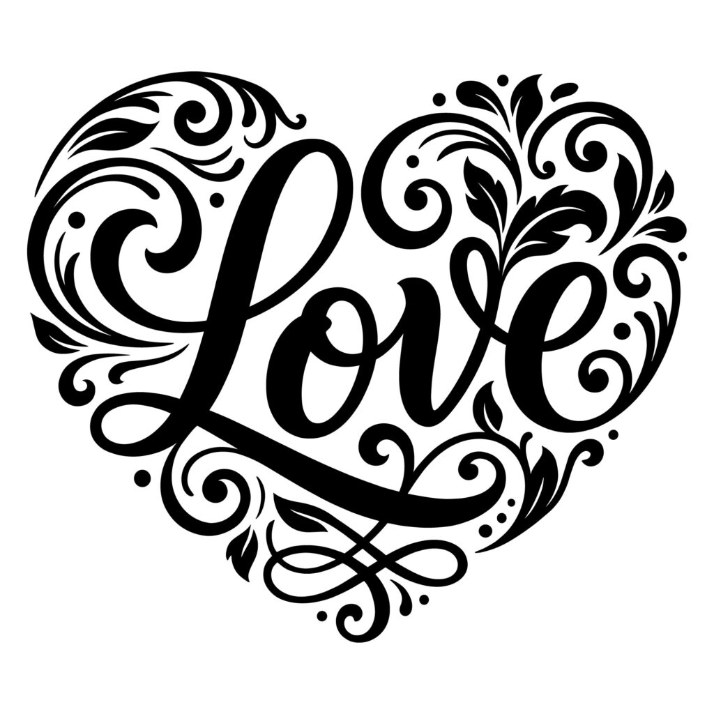 Black floral heart illustration with the word Love in elegant script typography for Cricut and laser cutting.