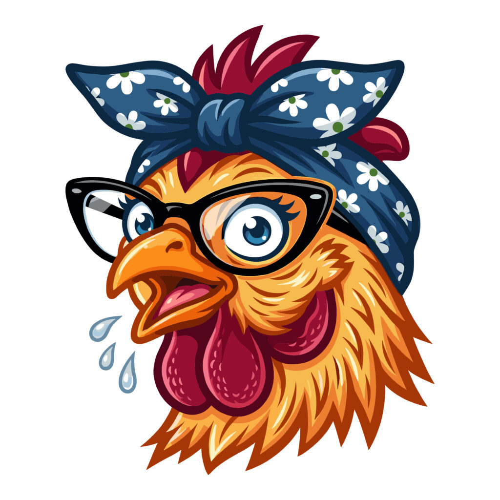 Cartoon illustration of a funny chicken looking surprised while wearing black cat-eye glasses and a blue floral bandana, optimized for Cricut and sublimation printing.