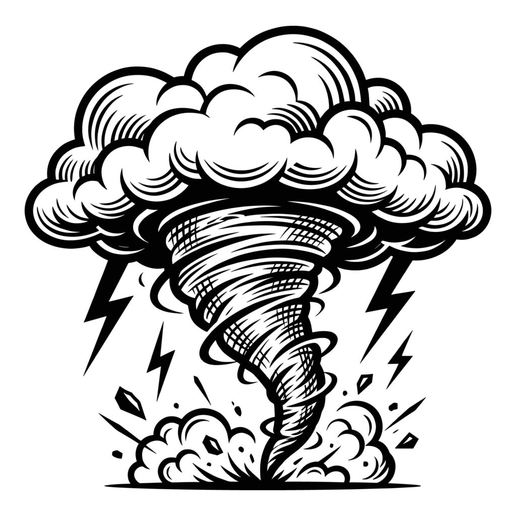 Black and white vector illustration of a massive tornado funnel with lightning bolts and debris, available for free download in SVG and DXF formats.