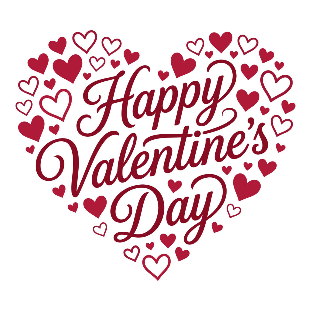 Red heart shaped typography reading Happy Valentines Day with small heart accents for Cricut and Silhouette crafting.