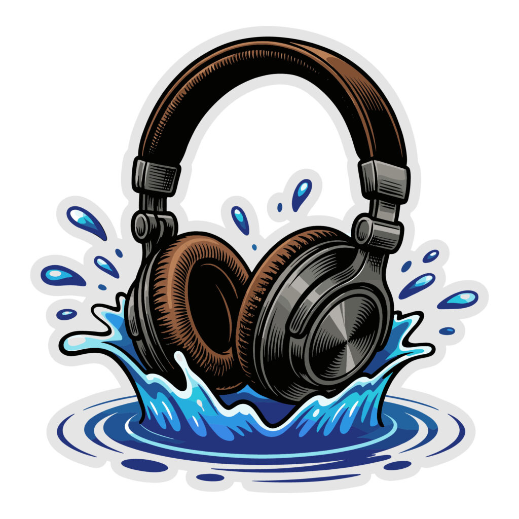 Vector illustration of brown studio headphones crashing into blue water with dynamic splash effects and droplets, featuring a white sticker border for die-cutting.