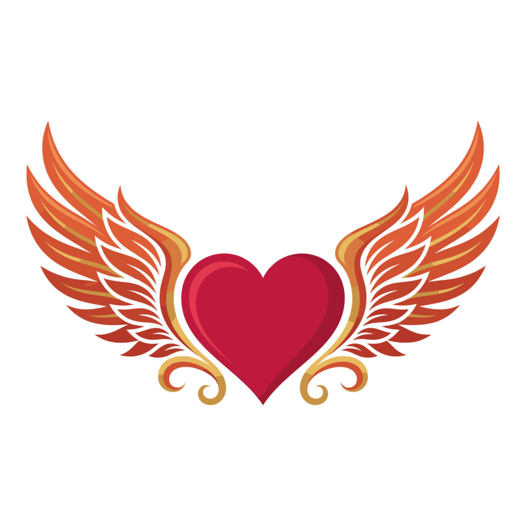 Vector illustration of a red heart with fiery orange wings and gold filigree swirls in a classic tattoo art style.