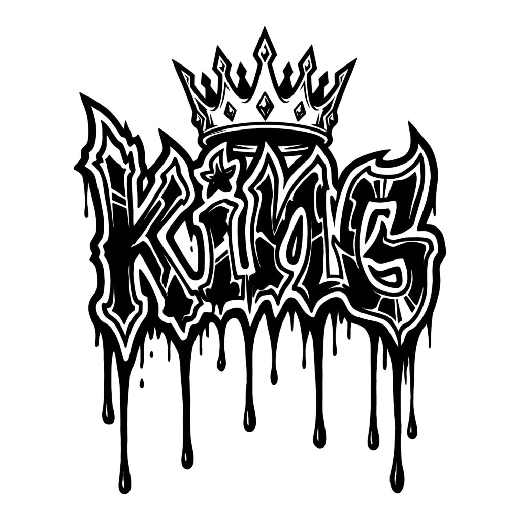 Black and white King graffiti text logo with a royal crown and dripping paint effect vector illustration for streetwear design.