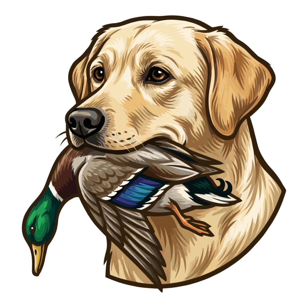 Yellow Labrador Retriever dog head profile holding a mallard duck in its mouth vector illustration for hunting decals