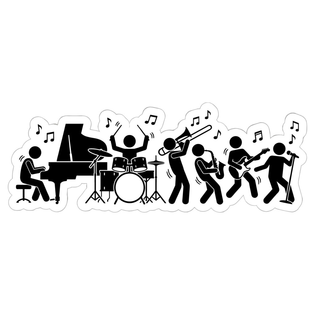 Silhouette graphic of a live music band featuring musicians playing piano drums trombone saxophone guitar and singing