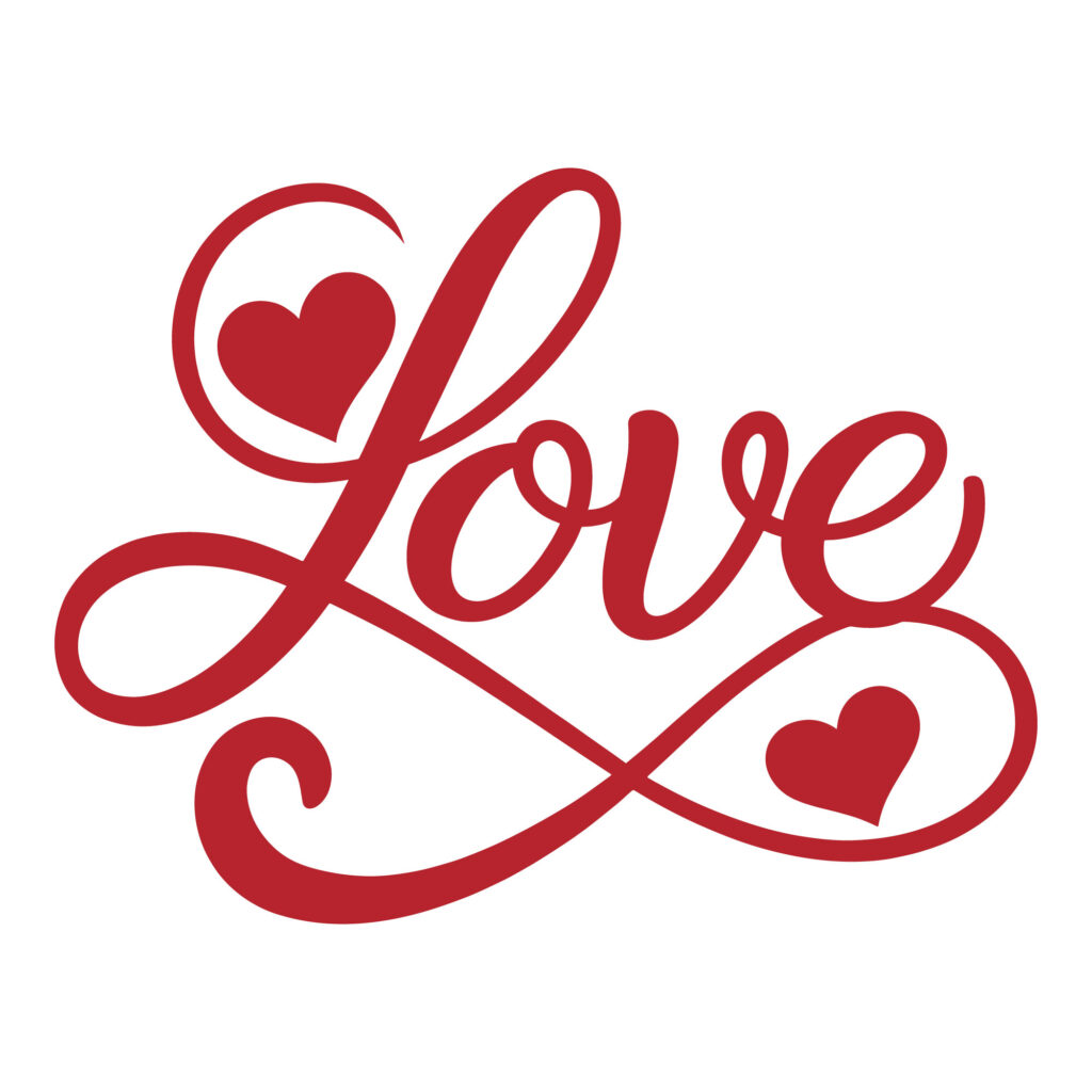 Red cursive Love word art with infinity symbol loop and hearts for Cricut and wedding decor.