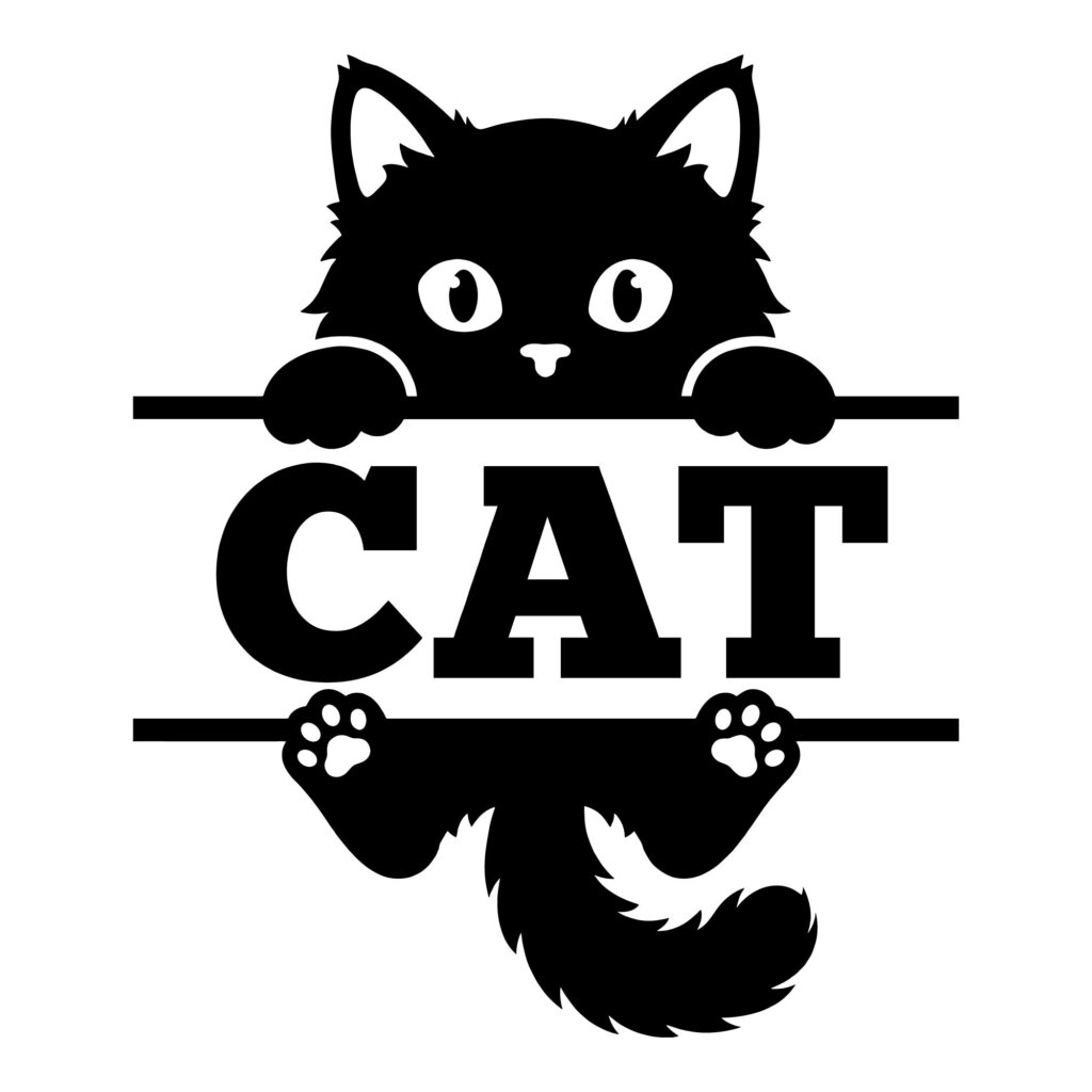 Cute black cat peeking over a split monogram frame for custom text, free vector SVG illustration for Cricut and Silhouette.