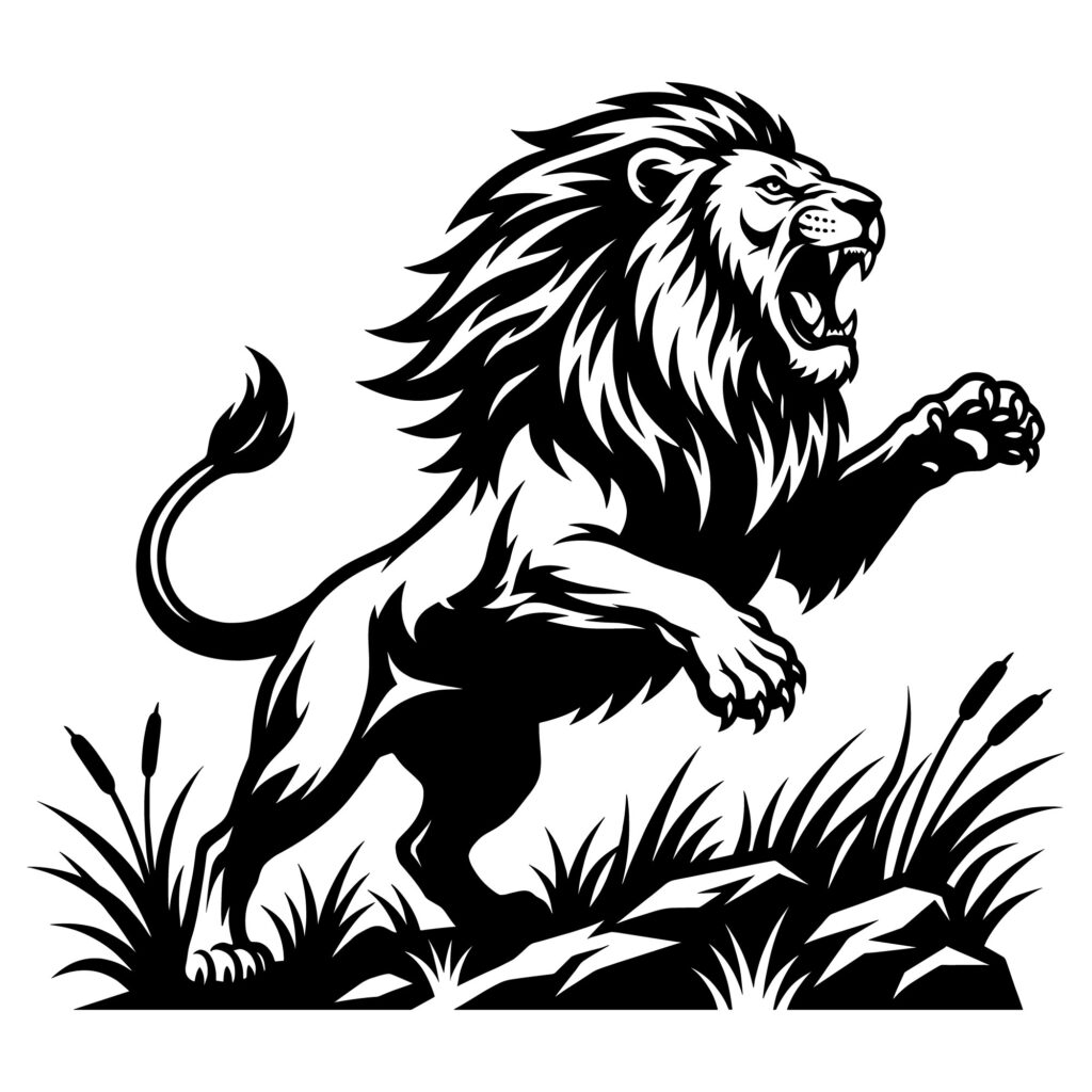 Furious roaring lion standing on hind legs vector illustration in black and white. Aggressive lion silhouette in grass for Cricut vinyl cutting, sports mascot logos, and laser engraving.