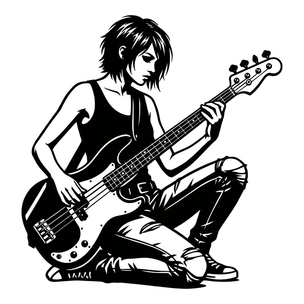 Black and white vector illustration of a punk rock girl playing a bass guitar, sitting in a crouched pose, available as a free SVG download for vinyl cutting and print