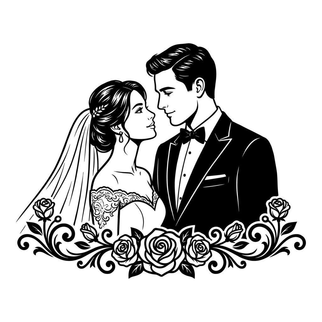 Black and white vector illustration of a bride and groom looking at each other lovingly, framed by a decorative floral rose border, optimized for laser cutting and vinyl weeding