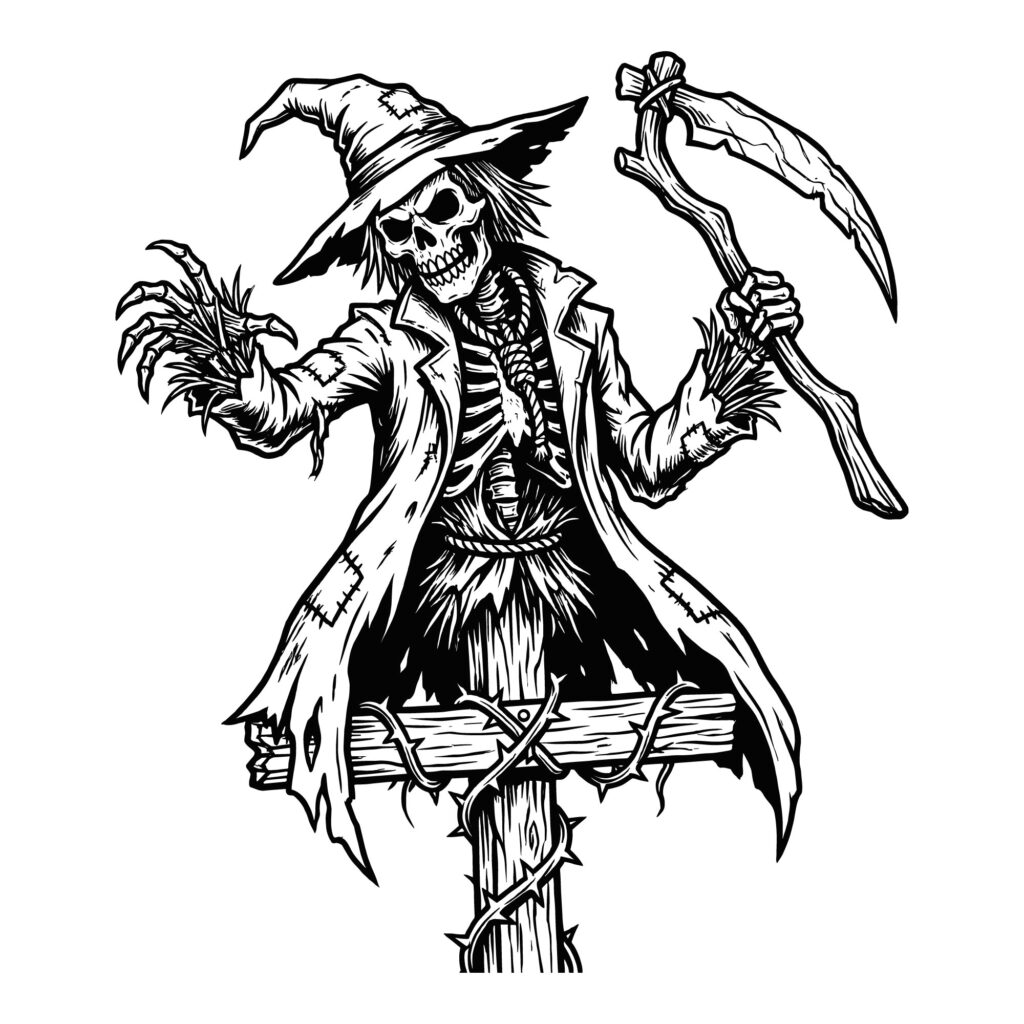 Scary scarecrow SVG black and white illustration