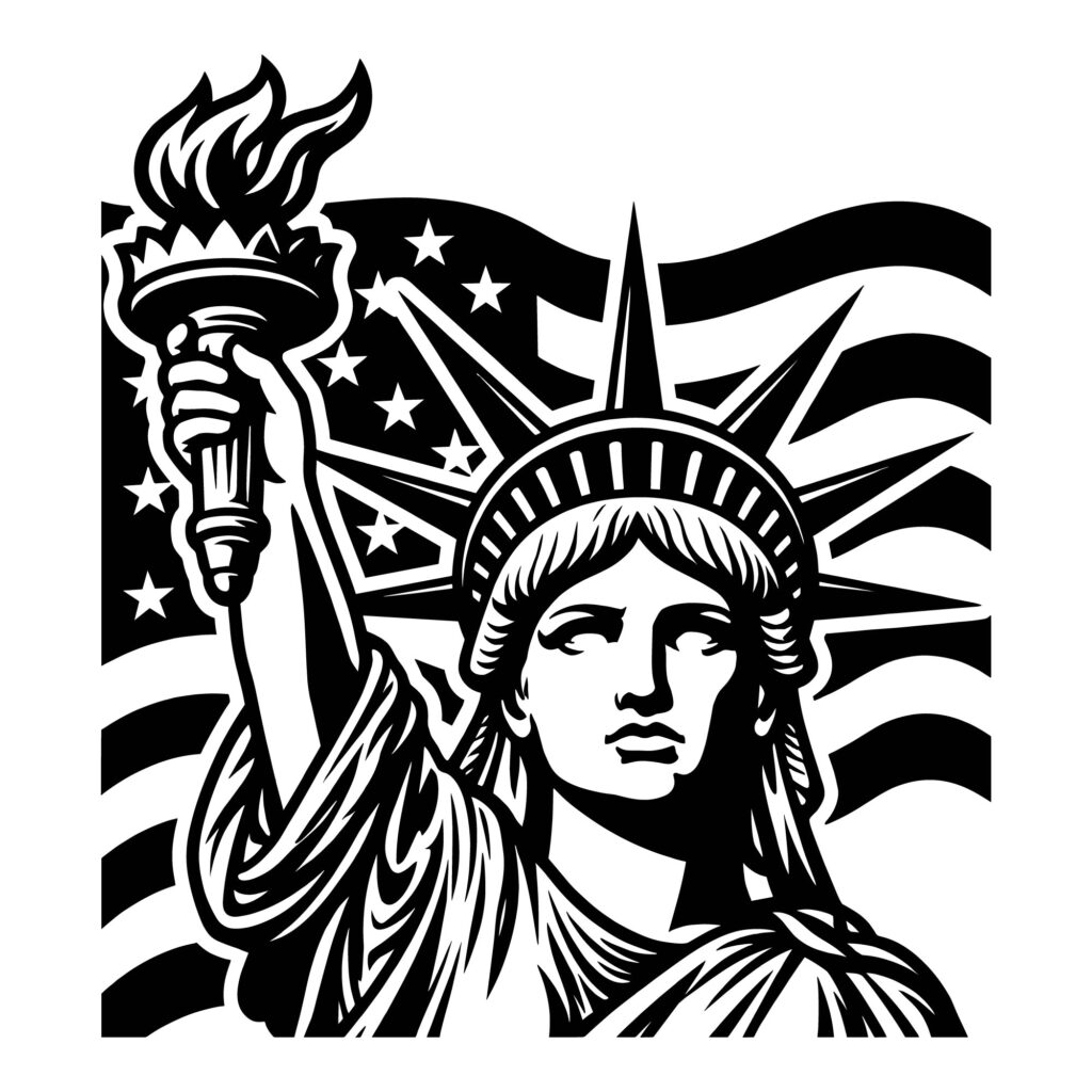 Statue of Liberty head and torch illustration with American flag background, black and white vector style for Cricut and laser cutting.