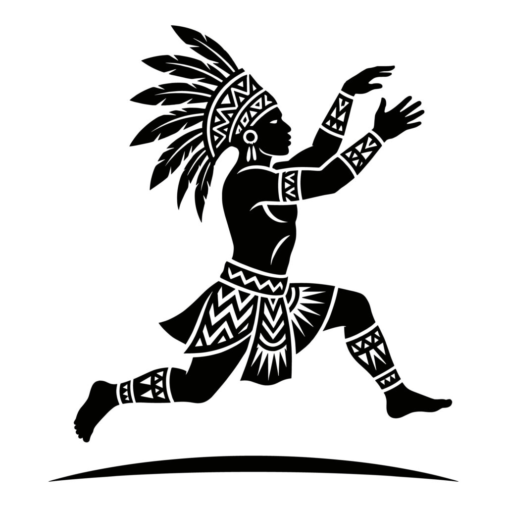 Black silhouette vector of a tribal warrior running with a feathered headdress and geometric armbands.