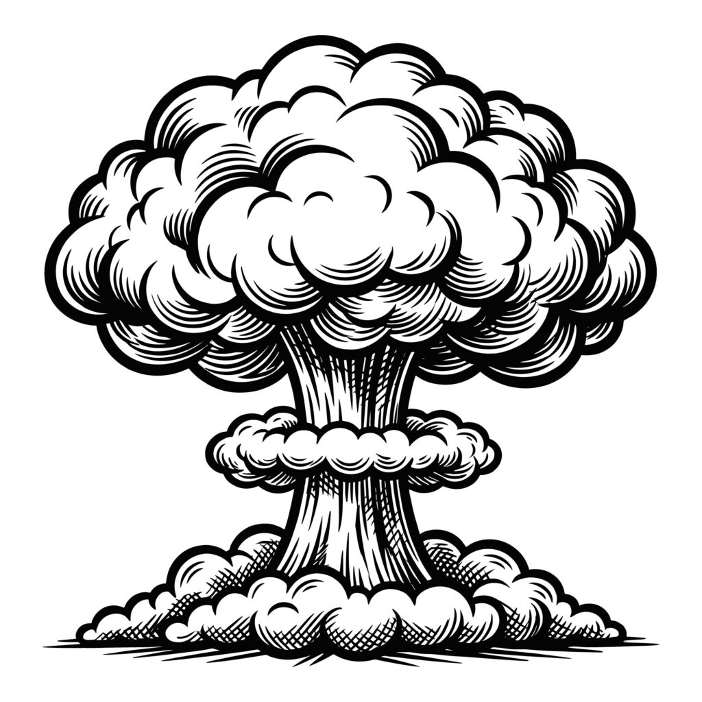 Vintage woodcut style illustration of a massive atomic mushroom cloud explosion rendered in black and white with detailed engraving lines