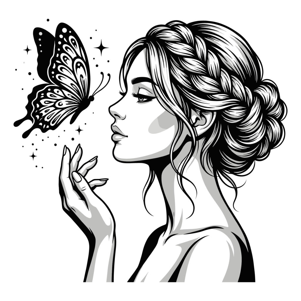 Woman with Butterfly SVG line art profile design for cricut vinyl cutting and laser engraving.