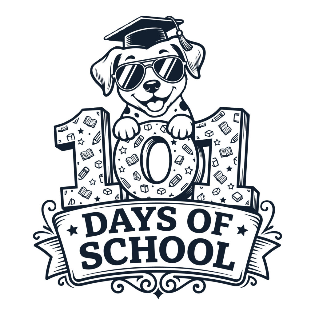 Illustration of a dog wearing a graduation cap and sunglasses celebrating 101 days of school with a donut