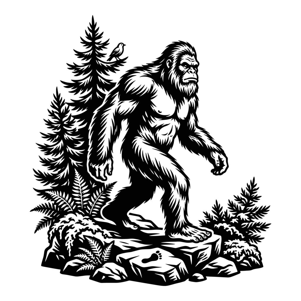 Free Bigfoot SVG detailed silhouette walking through a dense pine forest.