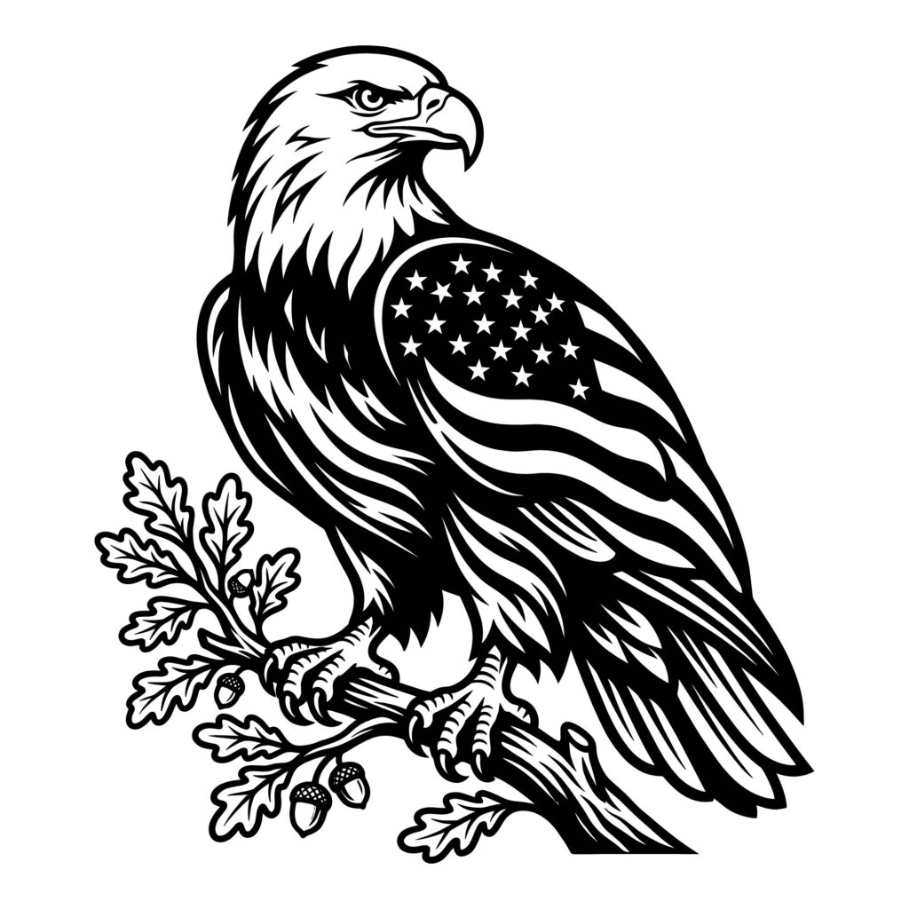 Detailed Patriotic Eagle SVG featuring a black and white vector graphic of an American bald eagle with the United States flag stars and stripes pattern on its wing while perched on an oak branch.
