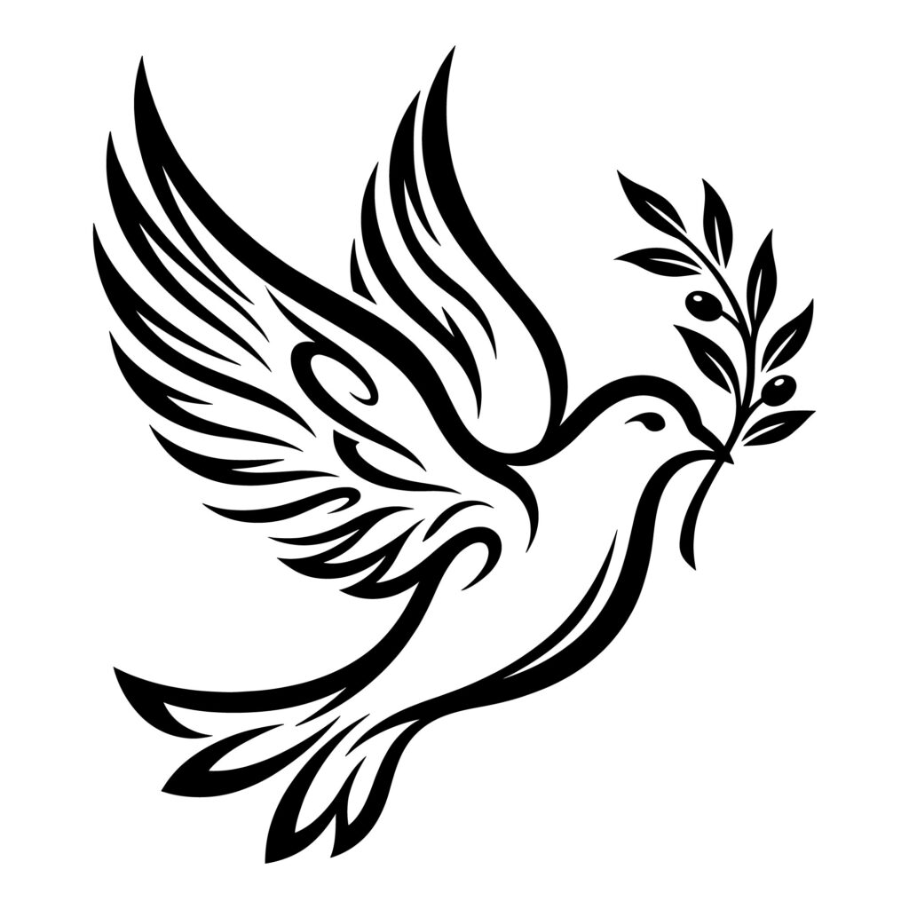 Black and white line art vector illustration of a flying peace dove holding an olive branch in its beak.
