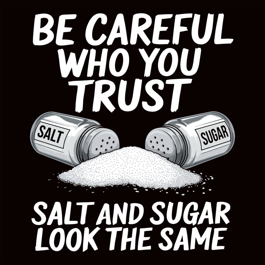 A black background featuring bold white text stating be careful who you trust above two tipped shakers spilling white powder with the concluding text salt and sugar look the same below.