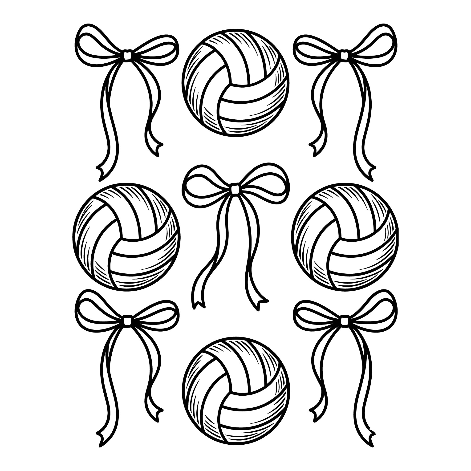 Coquette volleyball SVG black and white line art illustration featuring a ribbon