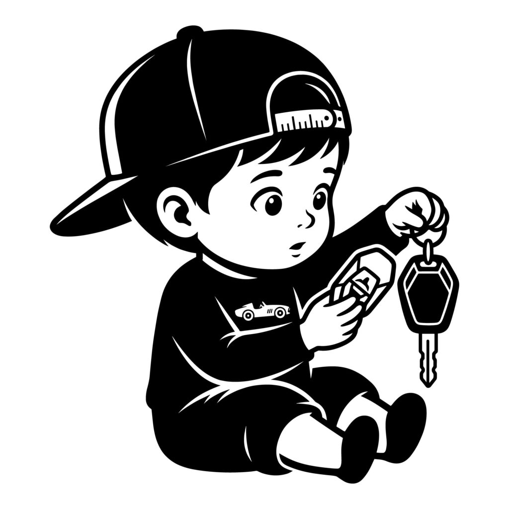 Black and white baby boy SVG graphic showing a toddler holding a car key.