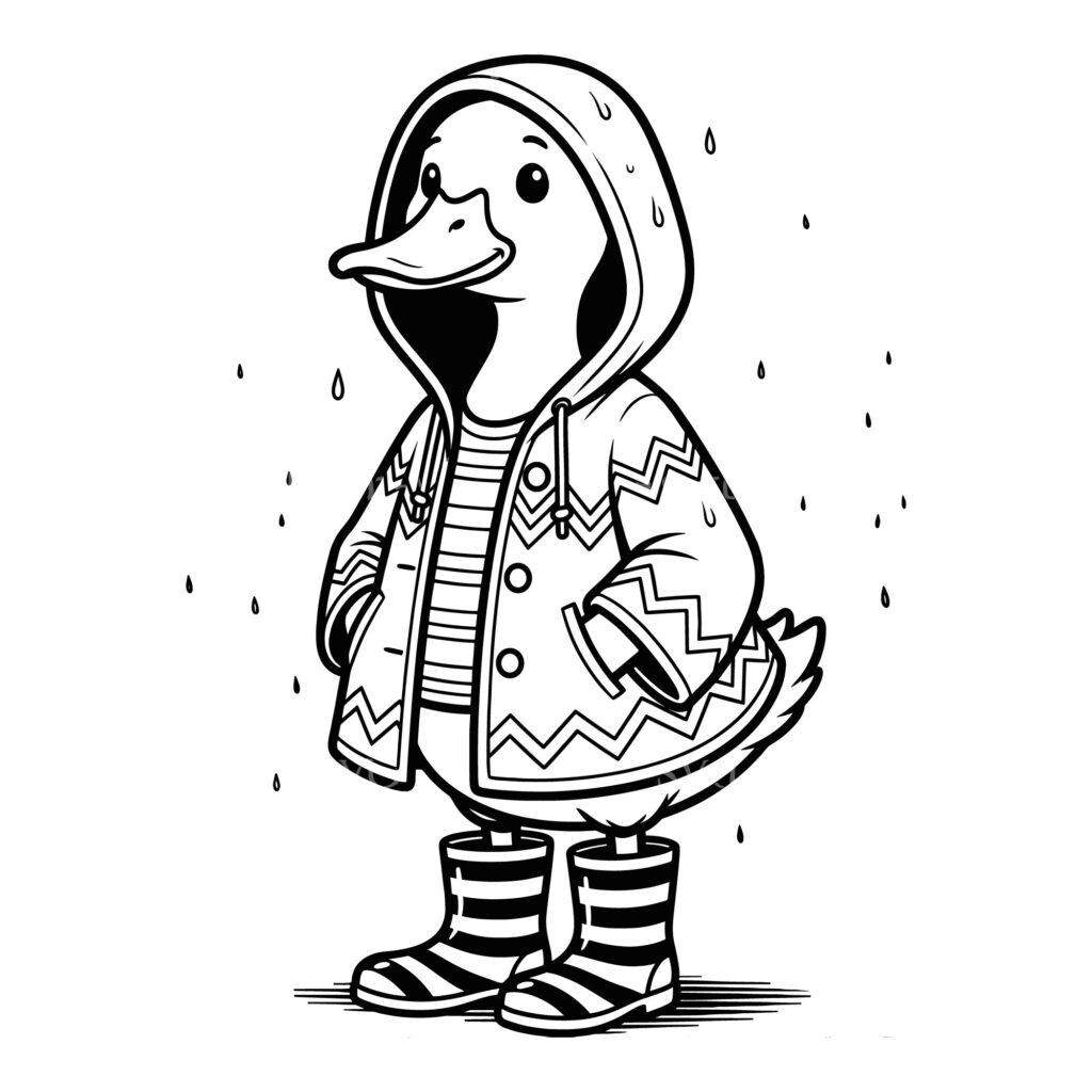 Black and white line art illustration of a cute duck wearing a hooded raincoat and striped boots standing in the rain