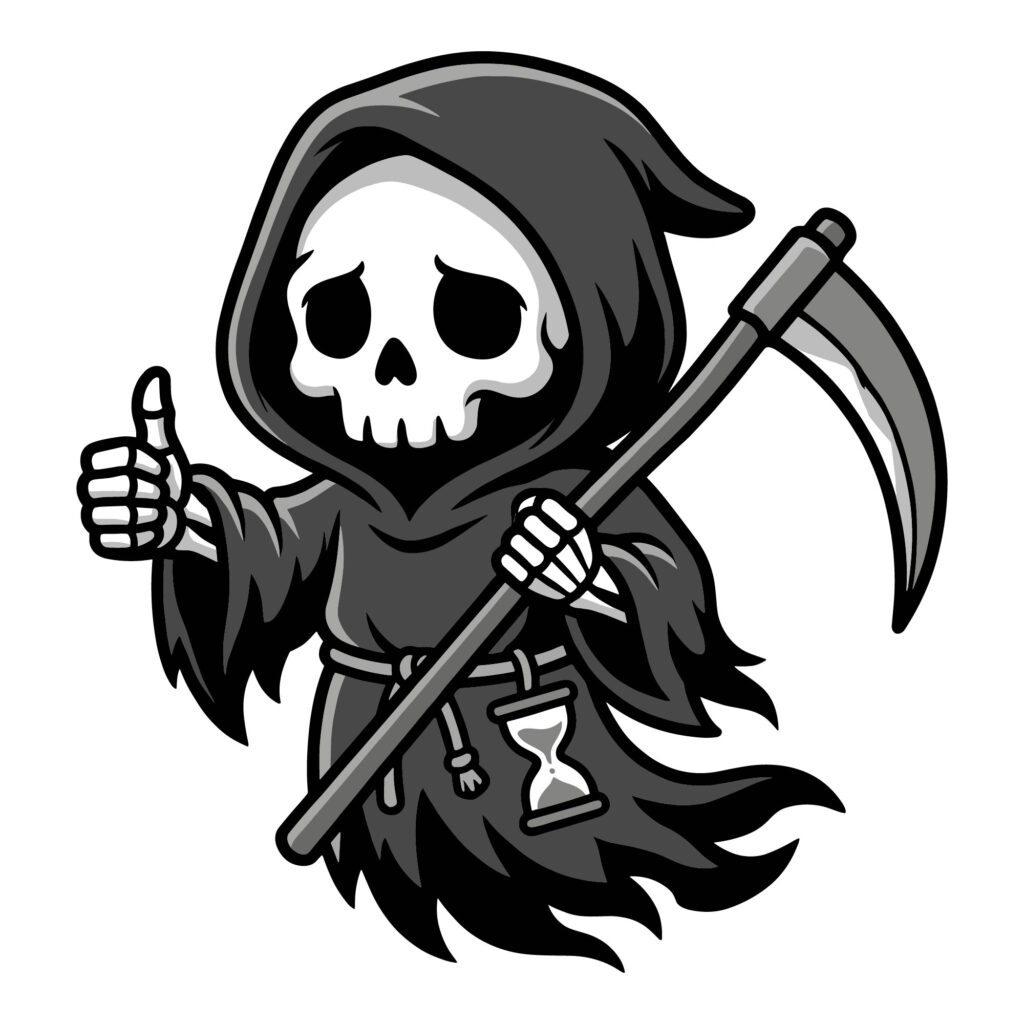 Cute cartoon grim reaper holding a scythe and hourglass giving a thumbs up sign.