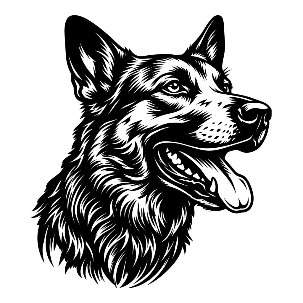 Black and white illustration of a German Shepherd dog head with detailed fur and panting expression.