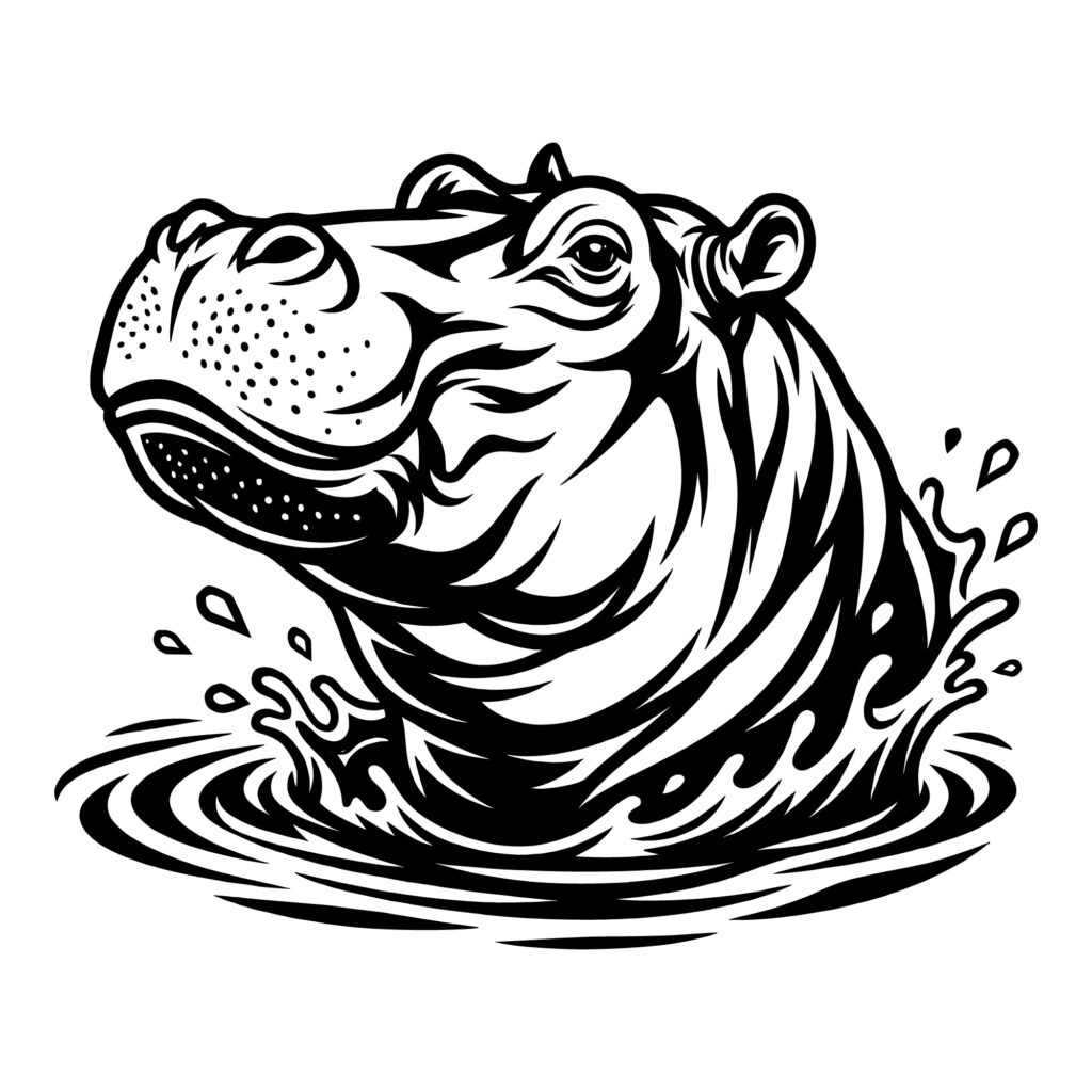 Free Hippo SVG vector illustration showing a detailed hippopotamus head emerging from water and creating dynamic splashes