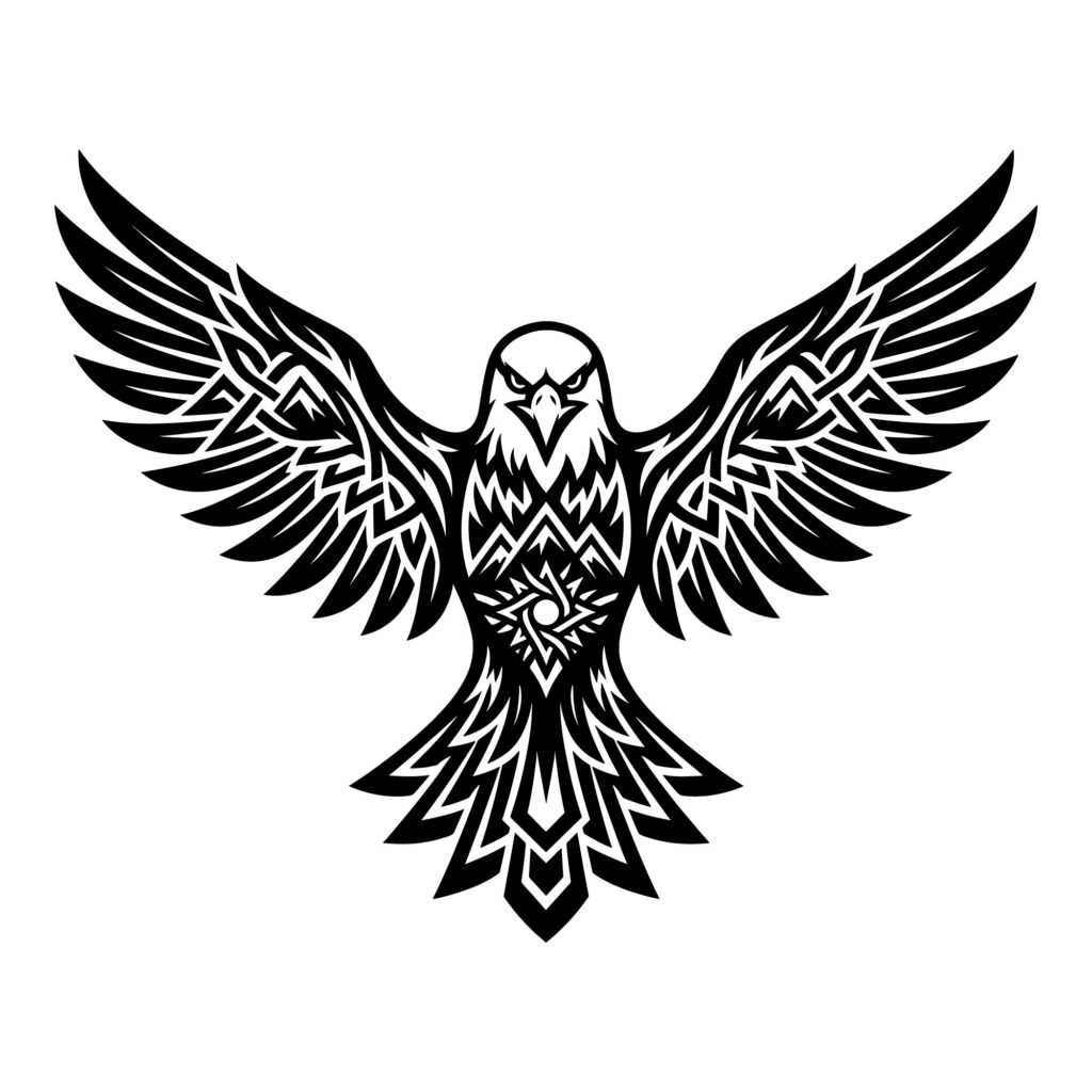 Black and white tribal flying eagle vector illustration featuring intricate geometric patterns