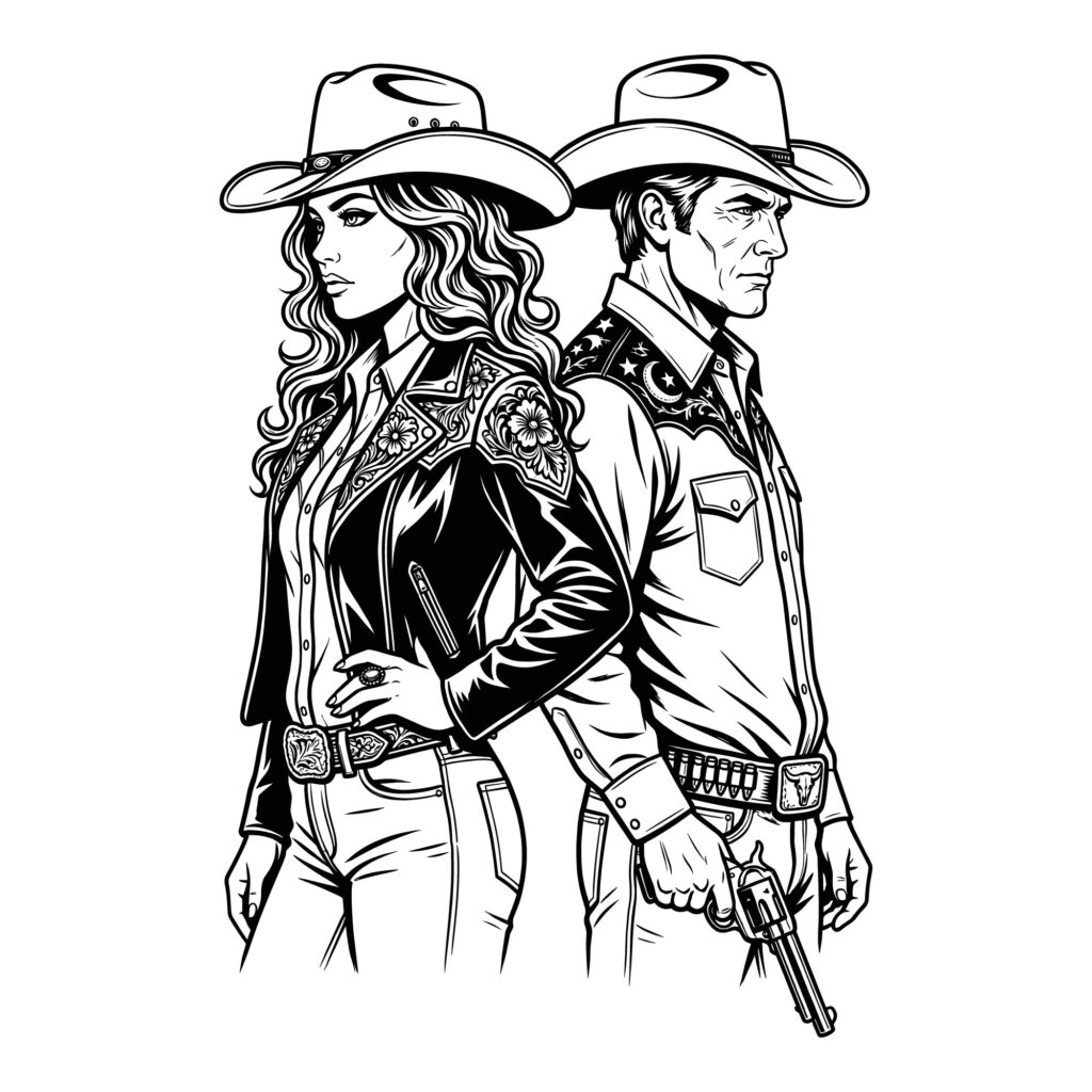 Detailed black and white line art illustration of a Western cowboy and cowgirl standing back to back wearing traditional hats and patterned western clothing.