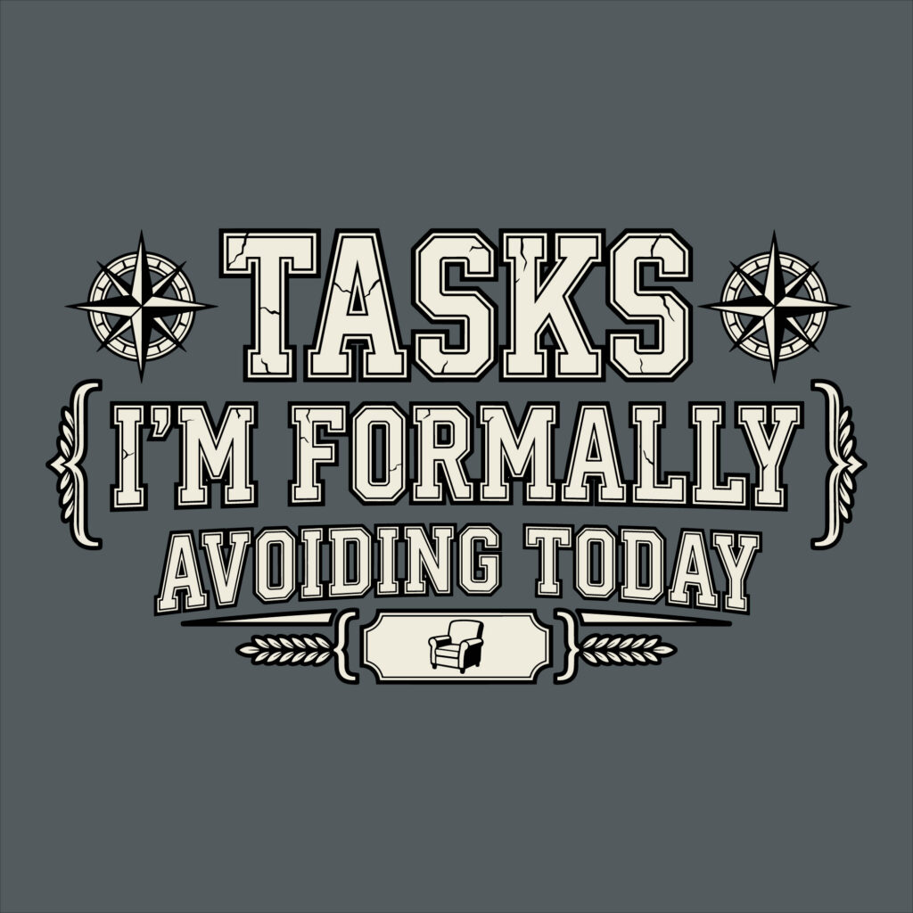 Funny procrastination SVG featuring a vintage typography design with nautical stars and a comfortable armchair icon perfect for crafting projects.