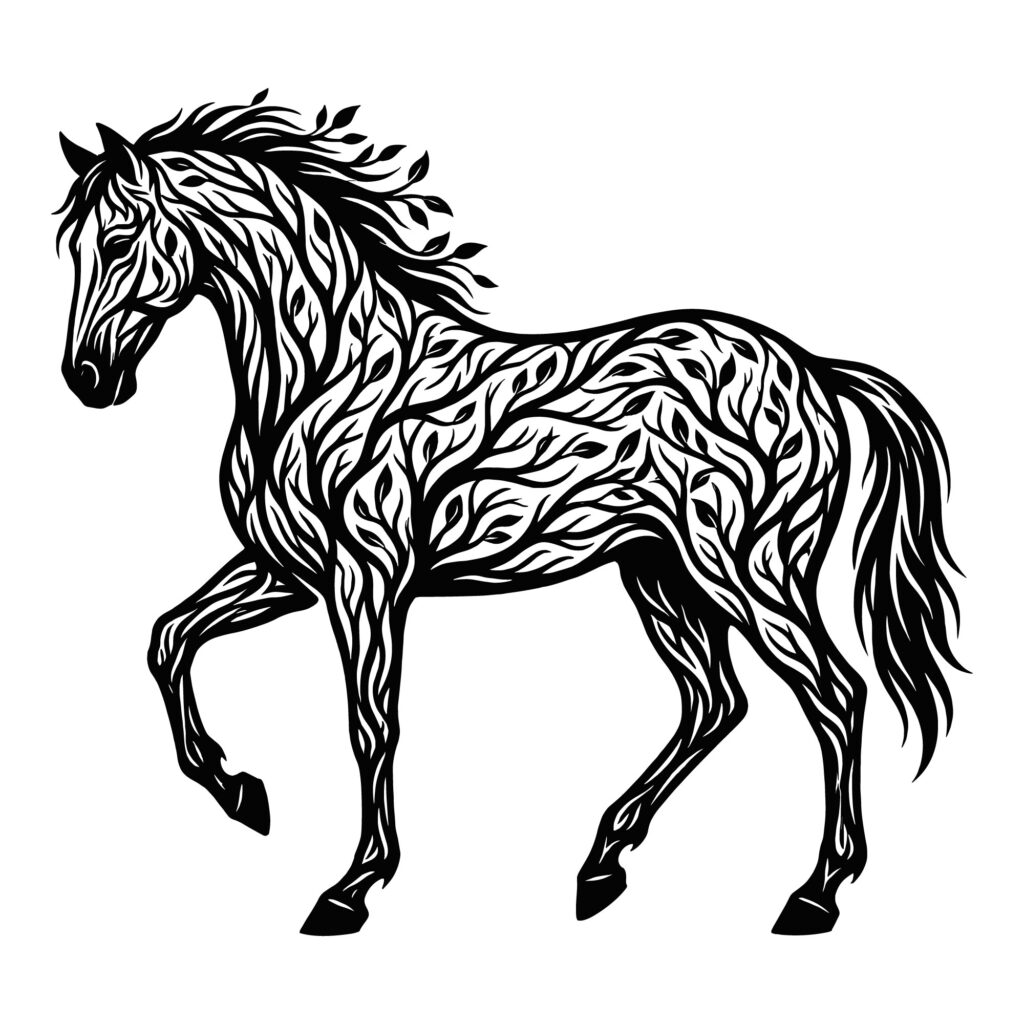 Black and white intricate floral horse silhouette vector design made of leaves and branches perfect for Cricut and laser cutting
