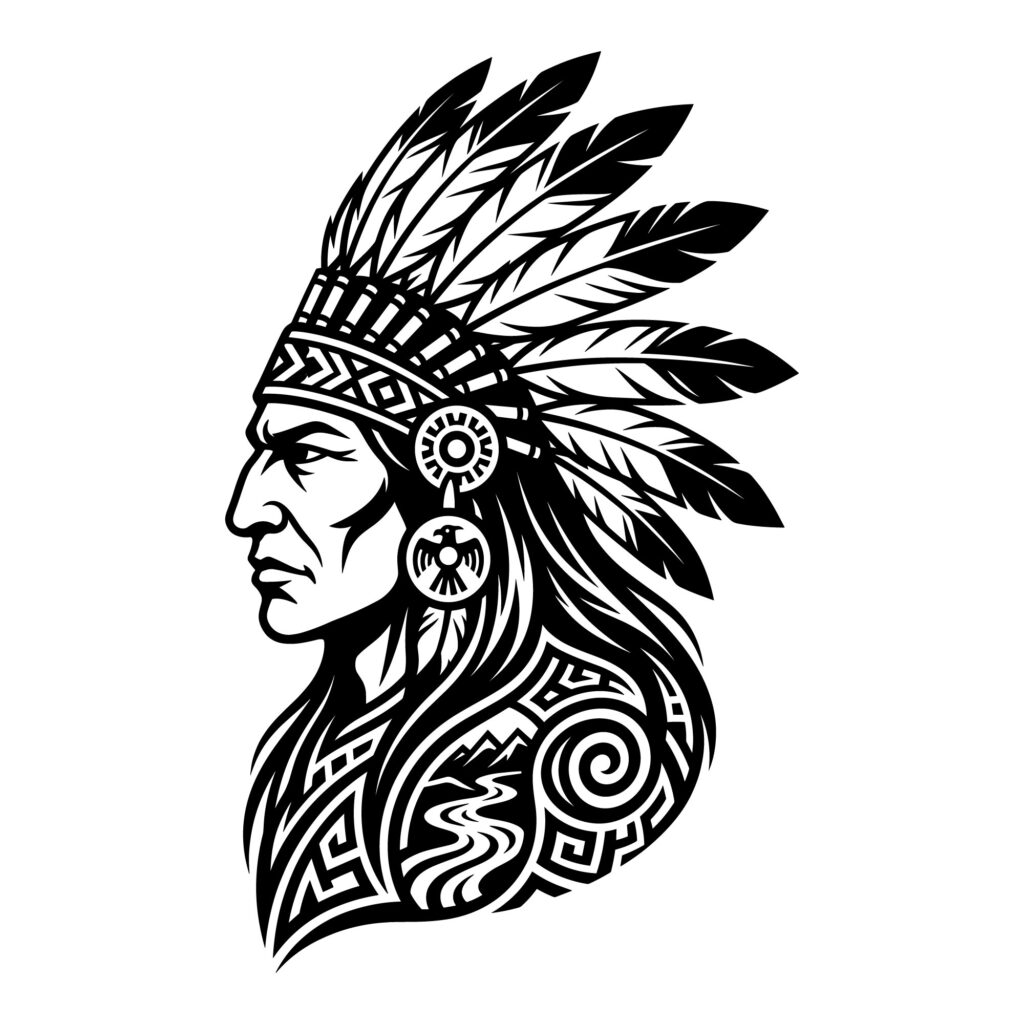 Black and white vector illustration of a Native American chief wearing a traditional feathered headdress and geometric tribal tattoos.