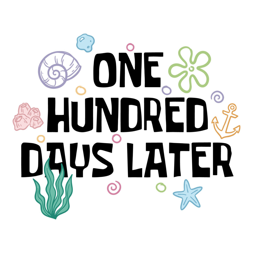 Colorful 100 days of later ocean svg graphic featuring a television time card aesthetic with starfish shells and a nautical anchor.