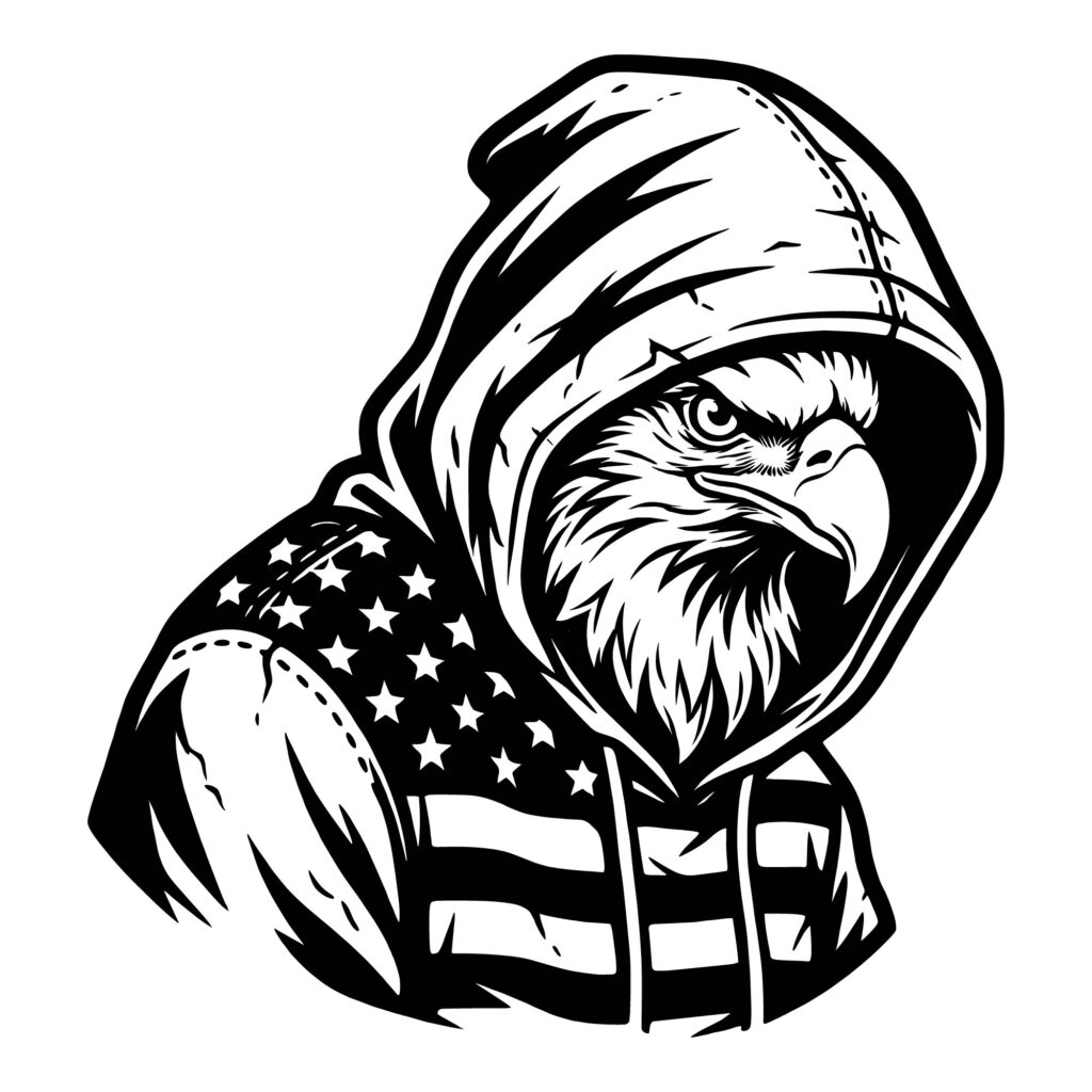 fierce bald eagle wearing an American flag hoodie in black and white vector
