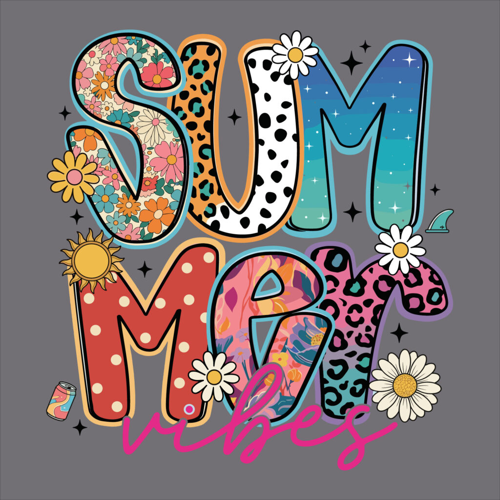 Colorful retro summer vibes typography vector graphic featuring floral leopard and gradient patterns perfect for crafting and sublimation.
