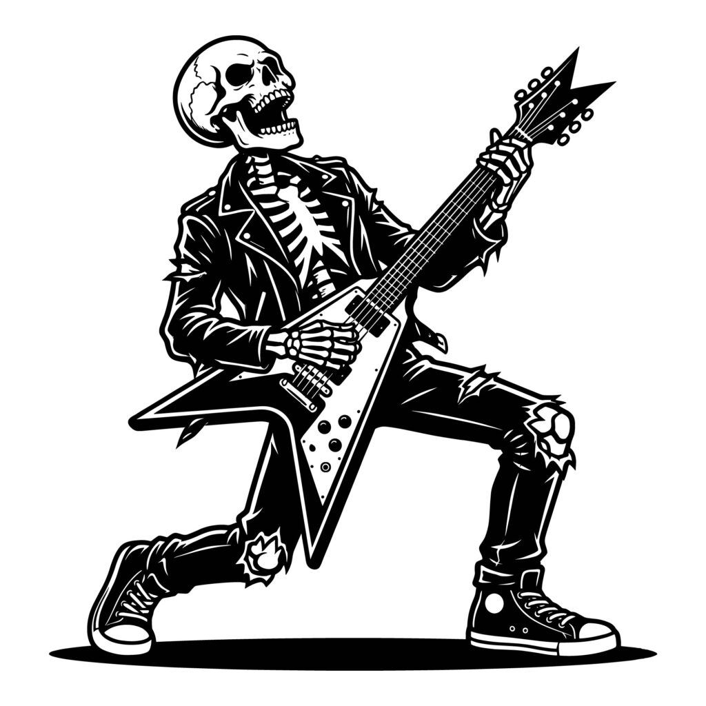 Detailed black and white vector illustration of a rock and roll skeleton wearing a leather jacket and playing a flying V electric guitar