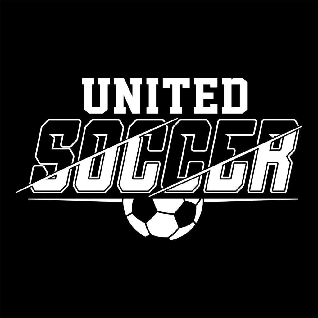 Bold black and white United Soccer split text vector graphic featuring a half soccer ball illustration for athletic apparel design.