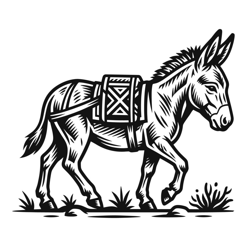 Black and white vintage line art illustration of a donkey walking with a saddlebag on its back.