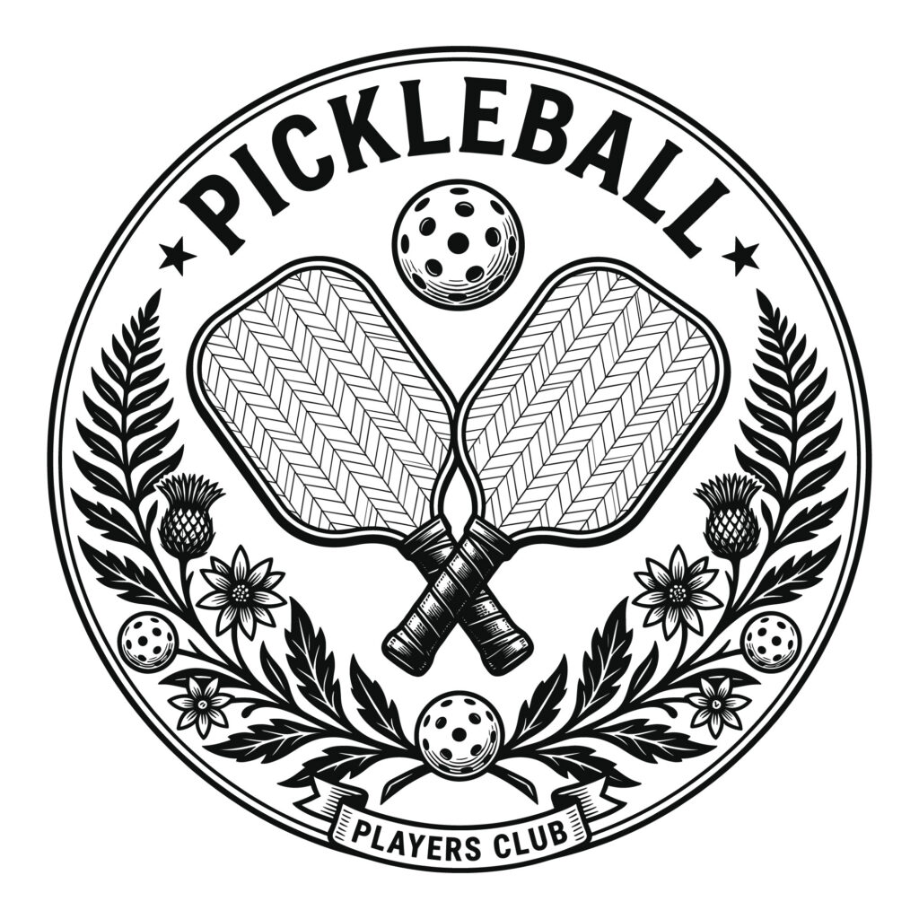Black and white vintage engraving style emblem featuring crossed pickleball paddles surrounded by botanical elements and the text Pickleball Players Club.