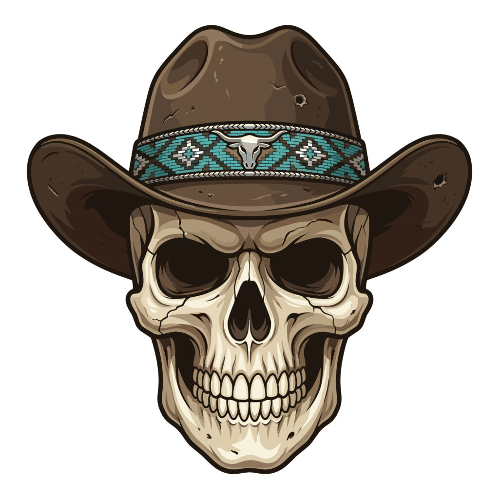 Detailed illustration of a western cowboy skull wearing a brown hat with a turquoise patterned band available for free download in SVG and EPS formats.