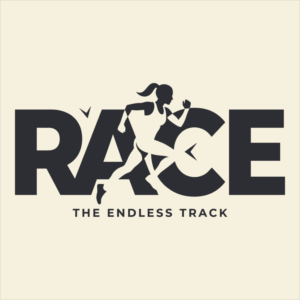Black and white female runner silhouette integrated into bold race typography vector graphic