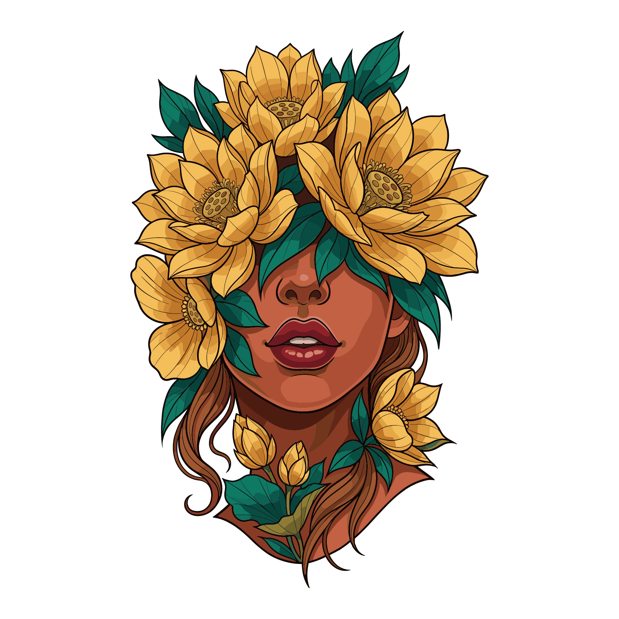 Beautiful floral woman face vector illustration with vibrant yellow flowers and green leaves