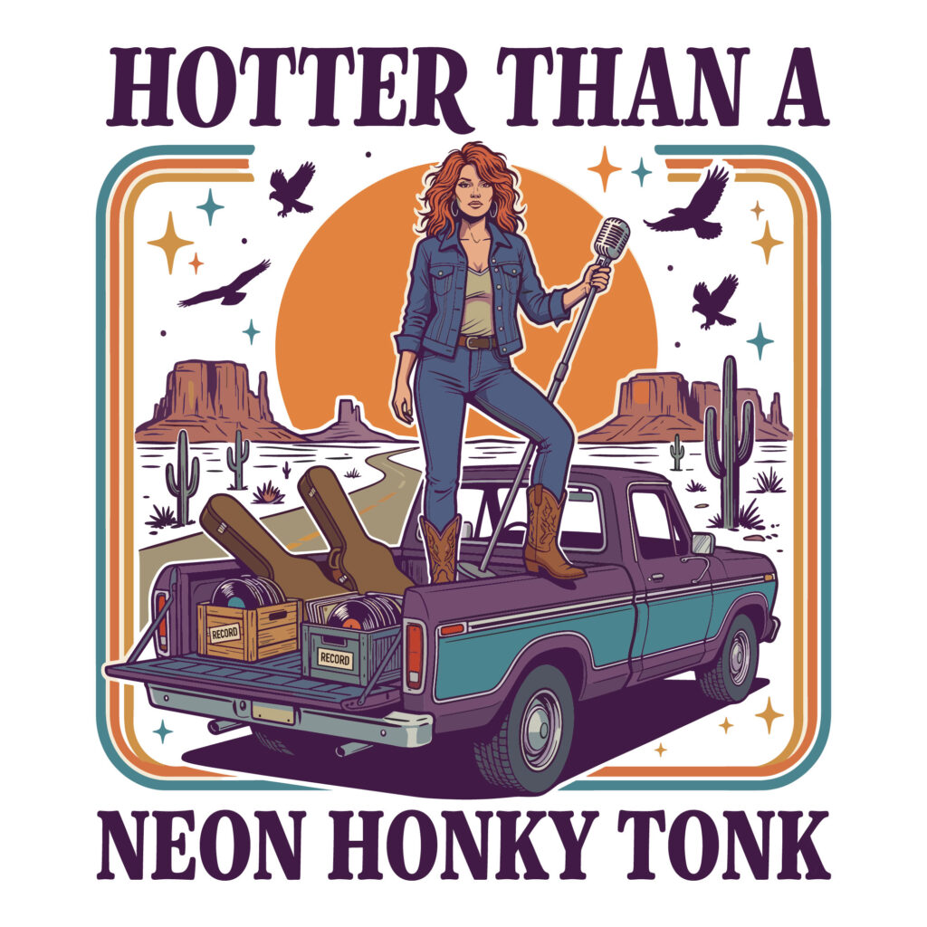 Retro western design featuring a country singer in a vintage pickup truck bed with the text Hotter Than A Neon Honky Tonk