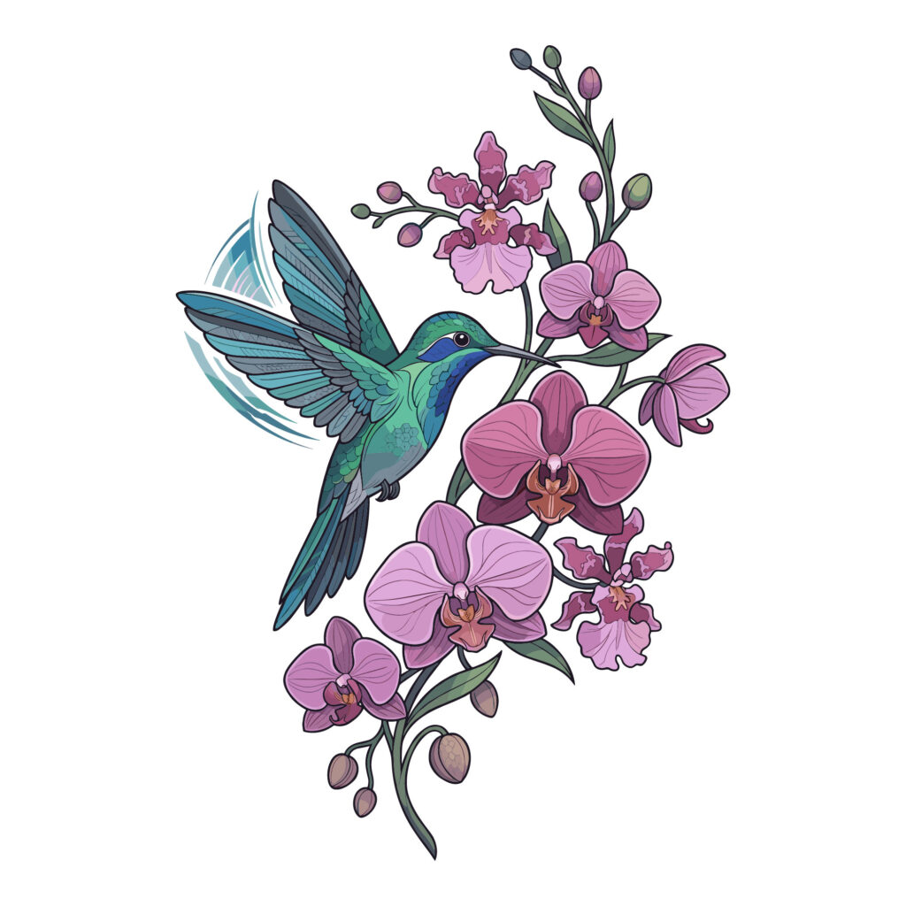 A vibrant green and blue hummingbird hovering next to a blooming pink orchid branch