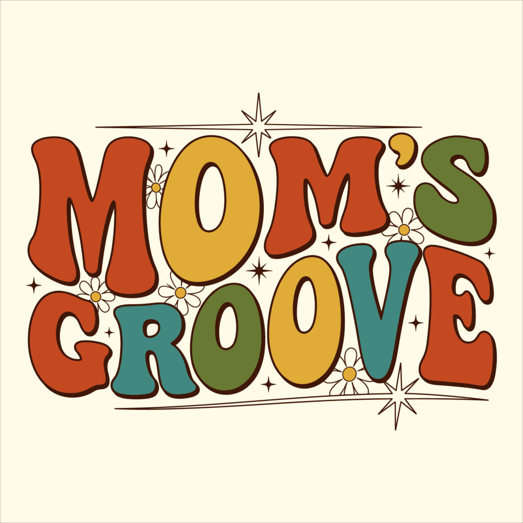 Groovy retro 70s typography reading Moms Groove with vintage daisies and starbursts in warm colors