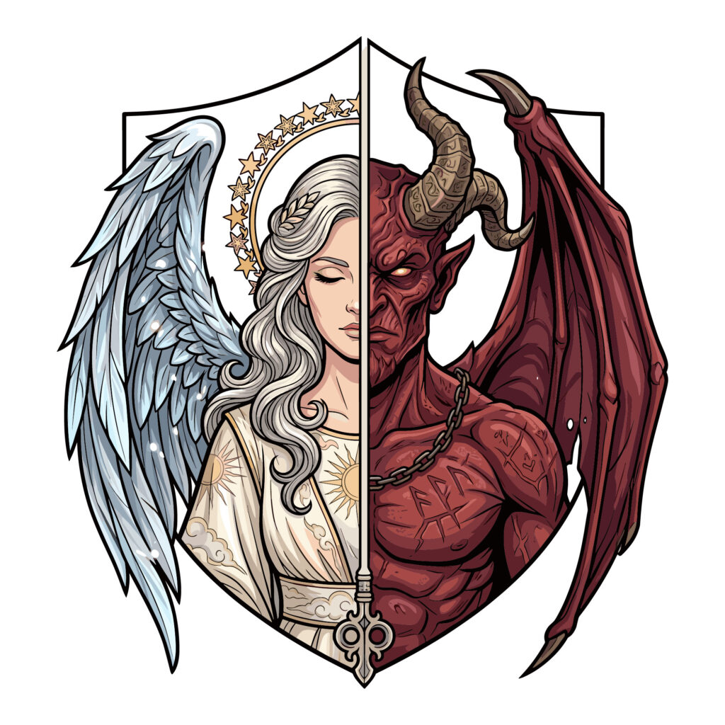 Split face illustration showing half angel and half demon inside a shield