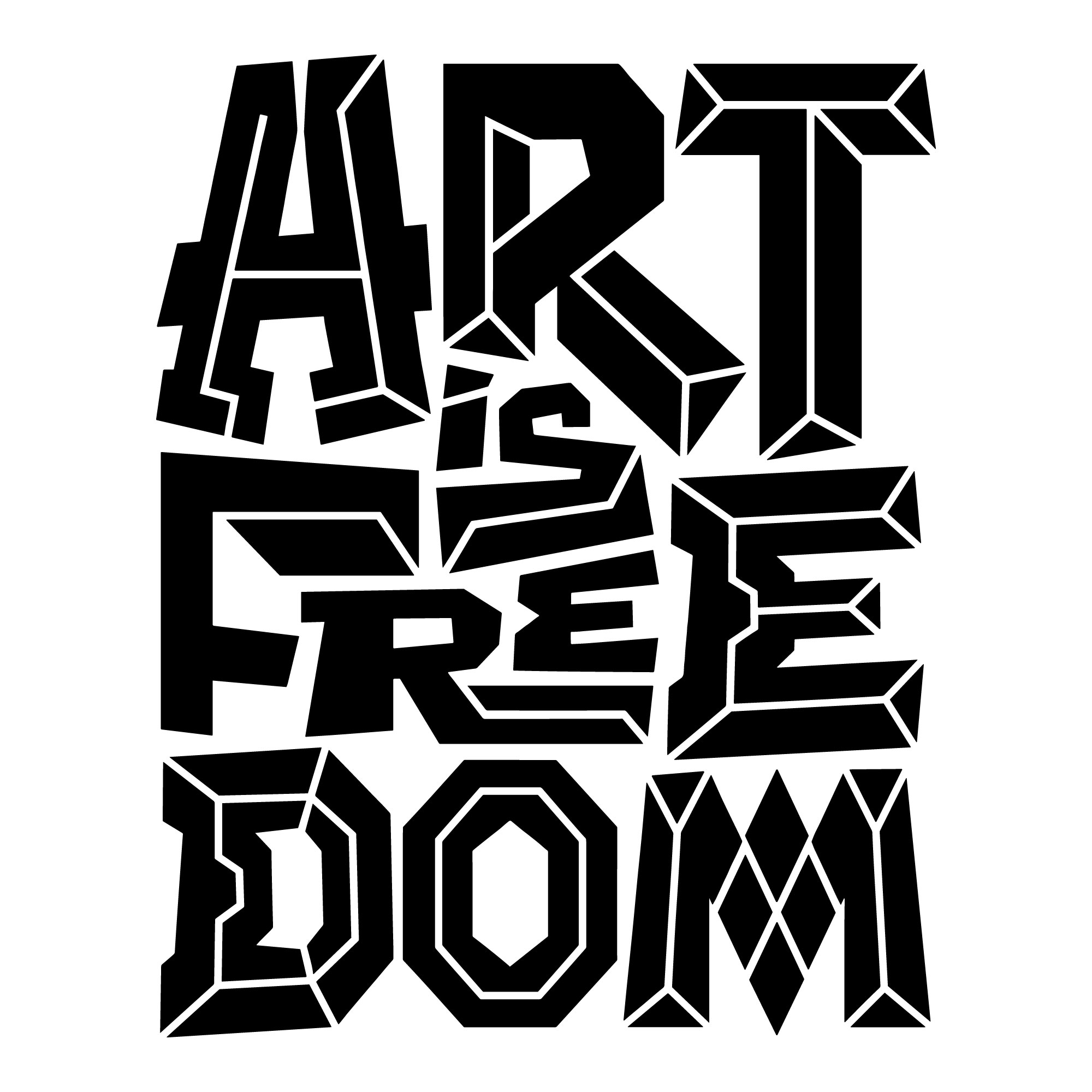 Black and white bold 3D geometric typography spelling the inspirational quote Art Is Freedom